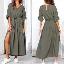 Fashion Long Sleeve V-neck Slit Hem Solid Color Maxi Dress