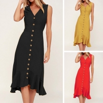 Sexy Backless V-neck Ruffle Hem Single-breasted Sleeveless Dress