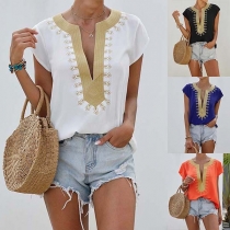 Bohemian Style Short Sleeve V-neck Embroidery Top 