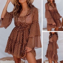 Sweet Style Trumpet Sleeve V-neck Dots Printed Cake Dress