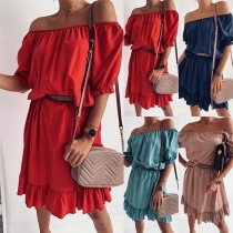 Sexy Off-shoulder Boat Neck Ruffle Hem Solid Color Dress