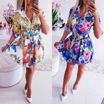 Fashion Long Sleeve POLO Collar Colorful Printed Shirt Dress