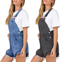 Fashion High Waist Tassel Hem Loose Denim Overalls Shorts 