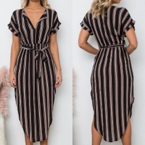 Fashion Short Sleeve V-neck Slim Hem Stripe Dress