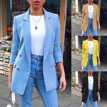 OL Style Long Sleeve Double-breasted Solid Color Blazer