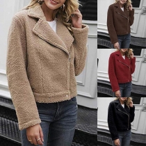 Fashion Solid Color Long Sleeve Side Zipper Plush Coat 