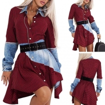 Fashion Long Sleeve POL Collar Denim Spliced Plaid Shirt Dress