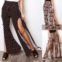 Fashion High Waist Slit Hem Printed Wide-leg Pants 