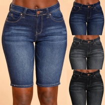 Fashion Middle-waist Slim Fit Denim Knee-length Shorts 