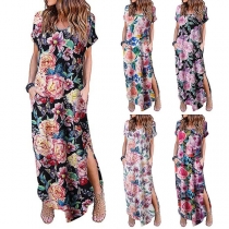 Fashion Short Sleeve V-neck Slit Hem Printed Maxi Dress
