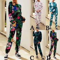Fashion Long Sleeve Round Neck Printed Sweatshirt + Pants Two-piece Set