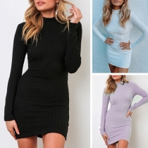 Sexy Backless Long Sleeve Mock Neck Slim Fit Knit Dress