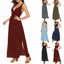 Sexy Backless V-neck Slit Hem Solid Color Sling Dress