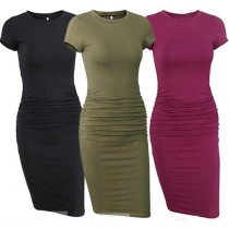 Fashion Solid Color Short Sleeve Round Neck Wrinkled Dress