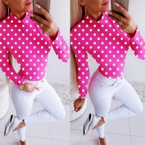 Fashion Long Sleeve Mock Neck Dots Printed Slim Fit T-shirt (It falls small)