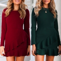 Elegant Solid Color Long Sleeve Round Neck Ruffle Hem Dress
