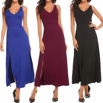 Sexy Backless V-neck Slit Hem Solid Color Sleeveless Dress