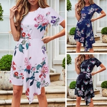 Fashion Short Sleeve Round Neck Irregular Hem Printed Dress