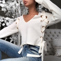 Sexy V-neck Side Lace-up Long Sleeve Crop Top 