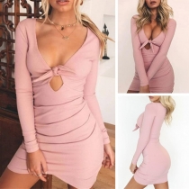Sexy Deep V-neck Long Sleeve Solid Color Tight Dress