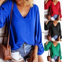 Fashion Solid Color Lantern Sleeve V-neck Loose Chiffon Top 