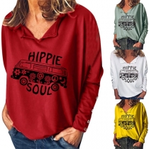 Fashion Long Sleeve V-neck Letters Printed Sweatshirt