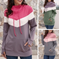 Fashion Contrast Color Long Sleeve High Collar Sweatshirt 