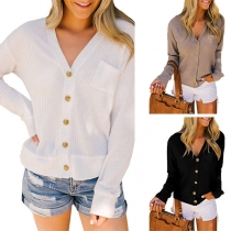 Fashion Solid Color LOng Sleeve V-neck Knit Cardigan