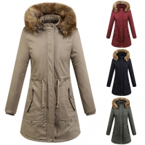 Fashion Solid Color Faux Fur Spliced Hooded Slim Fit Overcoat 