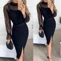 Sexy Dots Gauze Spliced Long Sleeve Slit Hem Slim Fit Dress