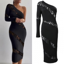 Sexy One-shoulder Long Sleeve Lace Spliced Slim Fit Dress