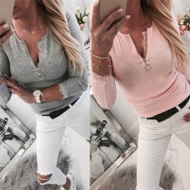 Mode Trend Skarvad Långärmad V-ringad Slim Fit T-shirt