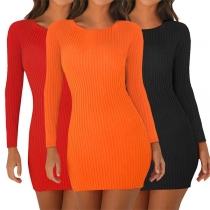 Fashion Solid Color Long Sleeve Round Neck Slim Fit Knit Dress