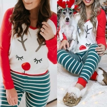 Cute Elk Printed Long Sleeve T-shirt + Striped Pants Nightwear Set