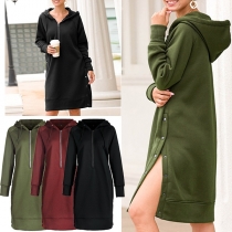 Fashion Solid Color Long Sleeve Slit Hem Hooded Sweatshirt Dress