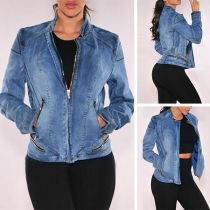 Fashion Long Sleeve Stand Collar Zipper Pocket Denim Jacket 