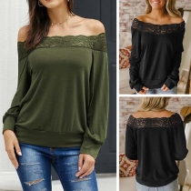 Sexy Lace Spliced Boat Neck Long Sleeve Solid Color Top