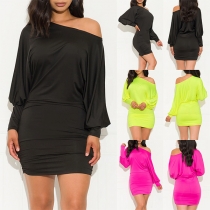 Sexy Off-shoulder Long Sleeve Solid Color Slim Fit Dress