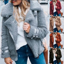 Fashion Solid Color Long Sleeve Oblique Zipper Plush Coat 