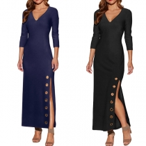 Sexy V-neck Slit Hem 3/4 Sleeve Solid Color Slim Fit Dress