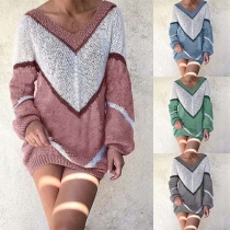 Fashion COntrast Color Long Sleeve V-neck Thin Loose Sweater