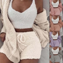 Sexy V-neck Sling Crop Top + Shorts + Cardigan Three-piece Set