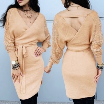 Sexy Backless V-neck Lace Spliced Long Sleeve Lace-up Dress