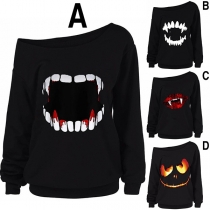 Chic Style Tooth Printed Long Sleeve Oblique Shoulder Top