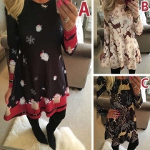 Fashion Long Sleeve Round Neck Printed Christmas Dress