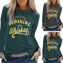 Fashion Letters Printed Long Sleeve Round Neck T-shirt 