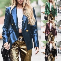 OL Style Long Sleeve Double-breasted PU Leather Blazer 