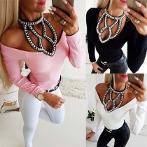 Sexy Off-shoulder Long Sleeve  Rhinestone Spliced Halter Top