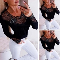 Sexy See-through Gauze Spliced Long Sleeve Rhinestone T-shirt 
