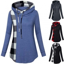 Fashion Plaid Spliced Long Sleeve Hooded Sweatshirt